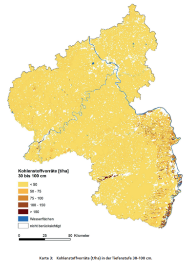 Die Karte zeigt die Kohlenstoffvorräte rheinland-pfälzischer Böden auf der räumlichen Grundlage der Bodenübersichtskarte 1:50.000 (BK50) für die Tiefenstufe 30 bis 70 cm.