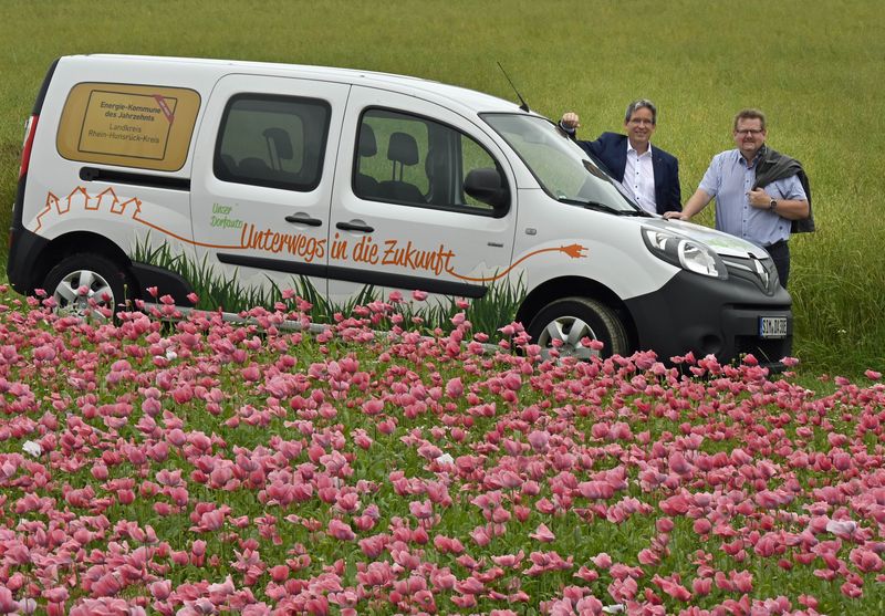 Das Foto zeigt im eine Blumenwiese und ein Elektroauto 
