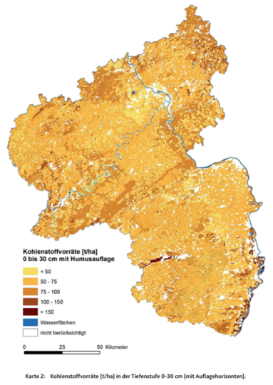 Die Karte zeigt die Kohlenstoffvorräte rheinland-pfälzischer Böden auf der räumlichen Grundlage der Bodenübersichtskarte 1:50.000 (BK50) für die Tiefenstufe 0 bis 100 cm + Auflagehumus.