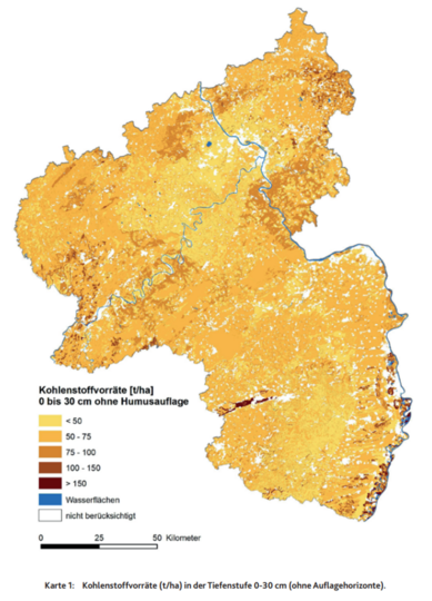 Die Karte zeigt die Kohlenstoffvorräte rheinland-pfälzischer Böden auf der räumlichen Grundlage der Bodenübersichtskarte 1:50.000 (BK50) für die Tiefenstufe 0 bis 30 cm.