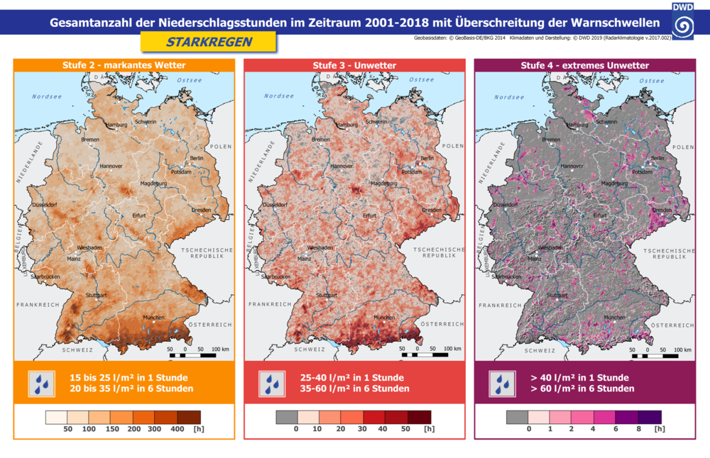 Gesamtsumme der Niederschlagsstunden 2001-2018 in Deutschland